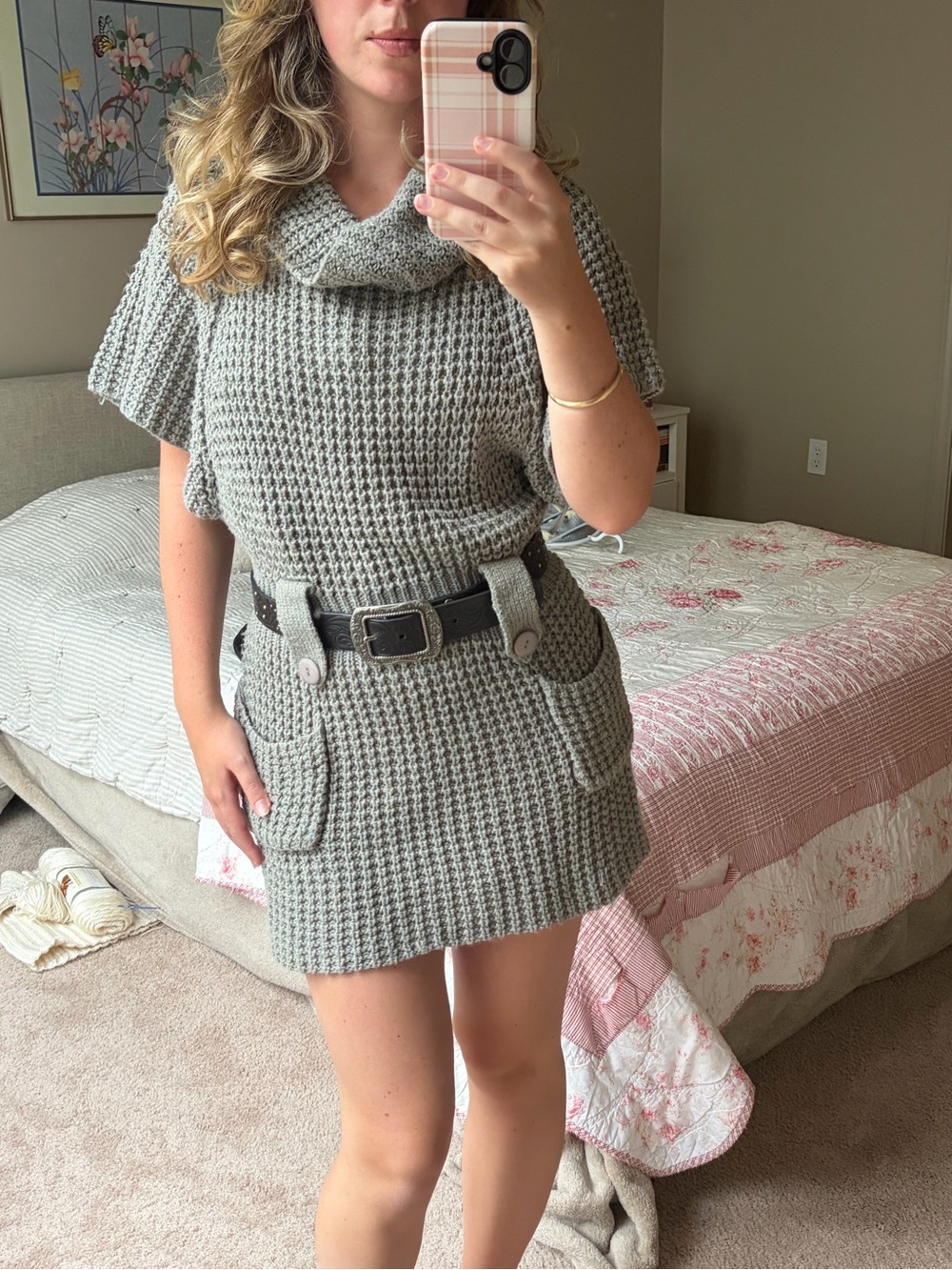Cowl Neck Short Sleeve Knit Sweater Dress in Gray